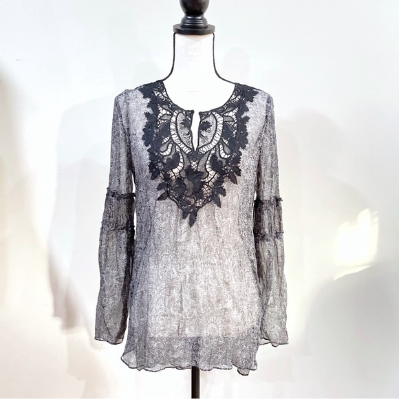 Elie Tahari Kirk Lace-Yoke Silk Blouse Sheer Embroidered Black Top, Women Small - Picture 1 of 11